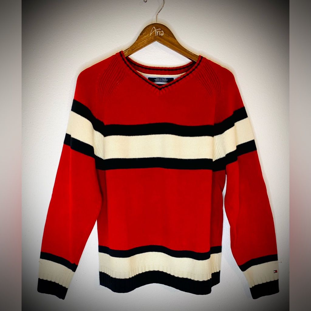 Tommy Hilfiger Lambswool Red And Cream V-Neck Sweater